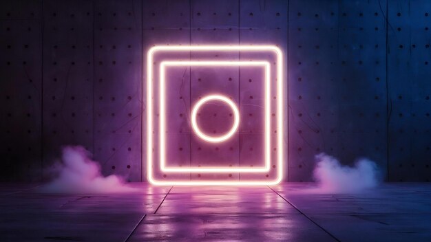 3d rendering of futuristic glowing neon lights in square shape and smoke on concrete floor