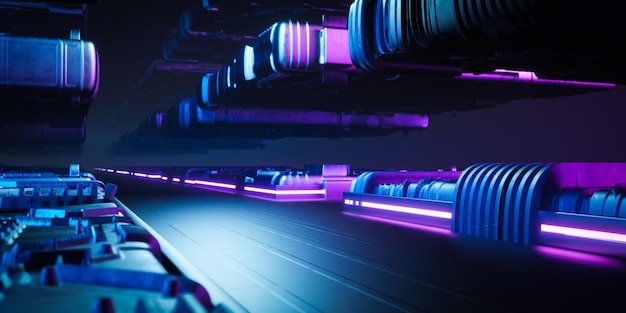 3d rendering futuristic metal sci fi corridor with blue and pink neon light.