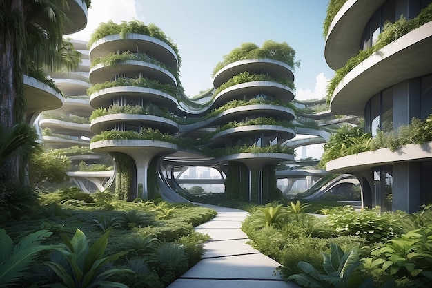 3D rendering of a futuristic modern construction with vegetation growing on it