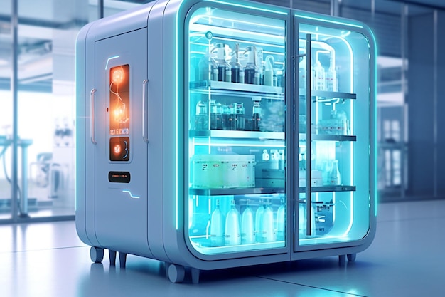 3D rendering of a futuristic refrigerator in a hospital with neon lights