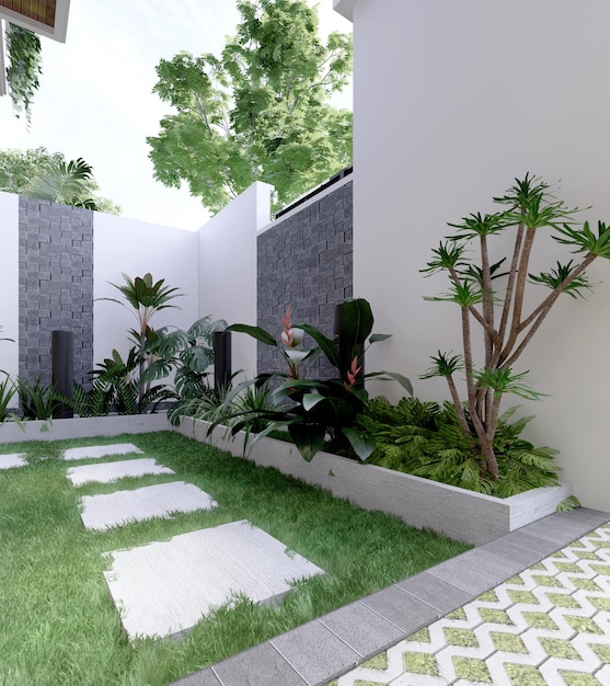 3d rendering garden in front of the house with ornamental plants