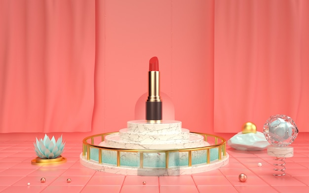 3d rendering of geometric abstract with lipstick on the marble podium for mock up display