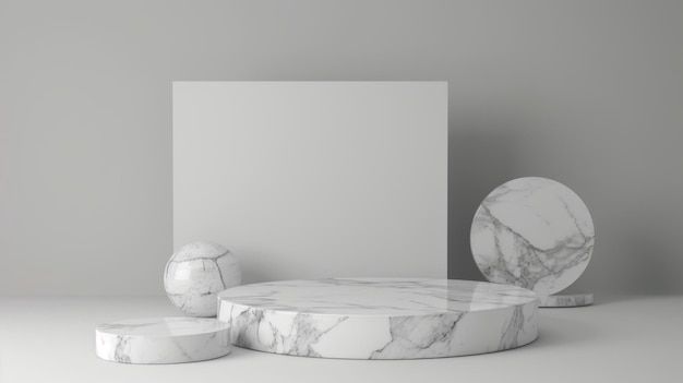 Photo 3d rendering geometric forms blank podium display in white marble color minimalist pedestal or showcase scene for present product and mock up