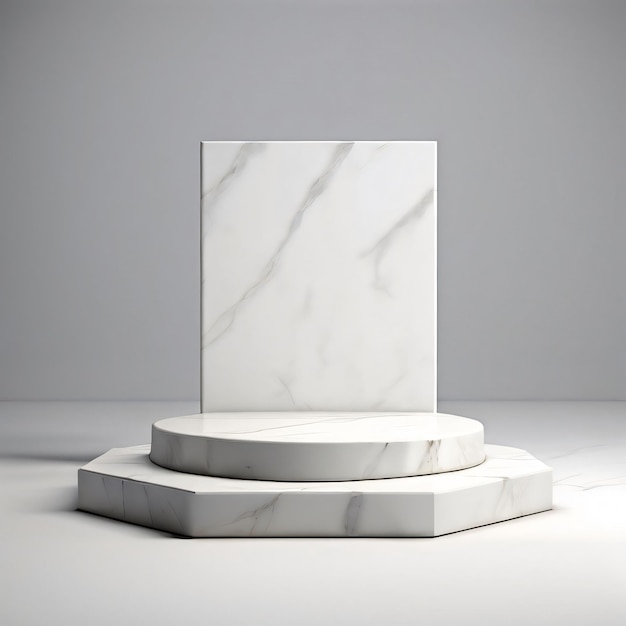 3d rendering geometric forms blank podium display in white marble color