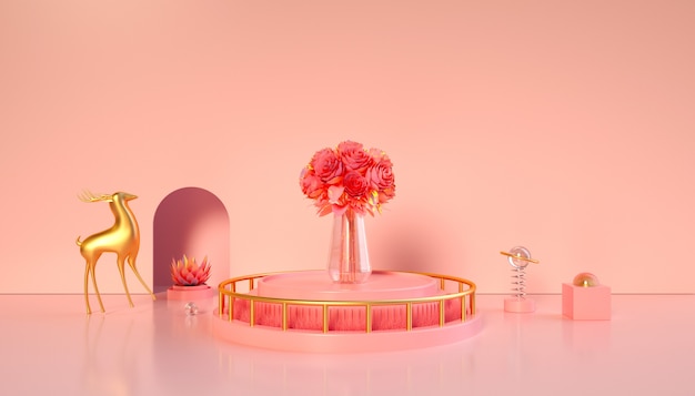 3d rendering of geometric pink with flowers on the podium