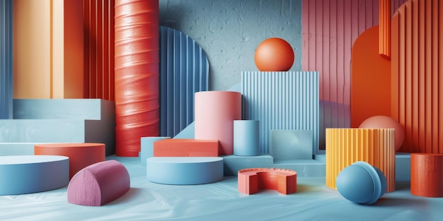 3D rendering of geometric shapes in bright pastel colors