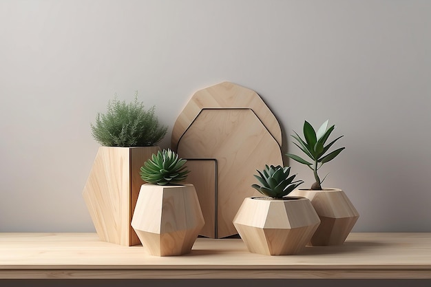 3D rendering geometric shapes Product Stand with tabel wood Minimal design