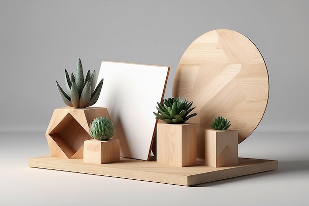 3D rendering geometric shapes Product Stand with tabel wood Minimal design