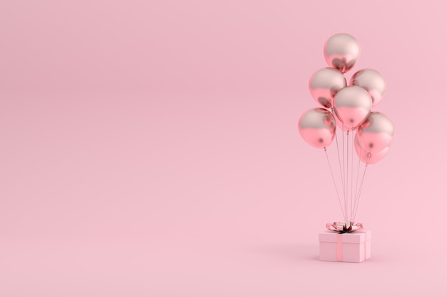 3D rendering of gift box and balloons on pink background.