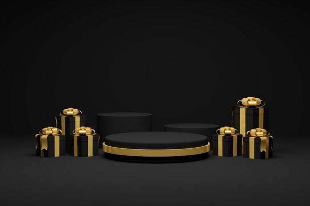 3d rendering Gift boxes and ribbon Dark podium background. Christmas and Happy new year Celebration.