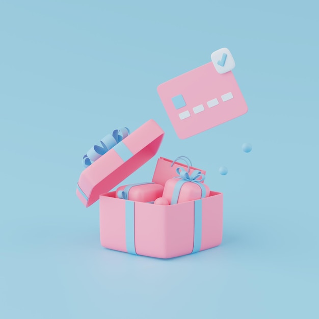 3d rendering of giftboxes with shopping bag and credit card.