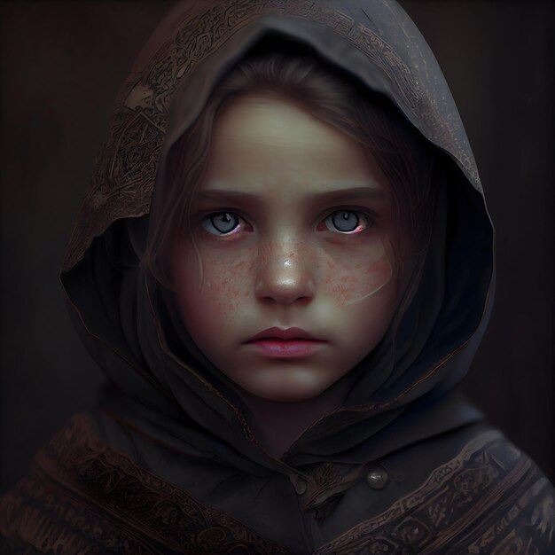 3d rendering of a girl in a hood with blood on her face