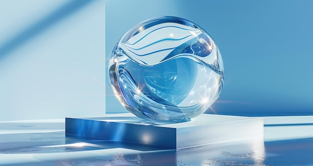 3D rendering of a glass ball on a podium with a blue background