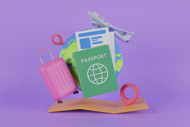 3D rendering globe pin map and suitcase with flight. Travel concept 3d illustration, Airplane flying