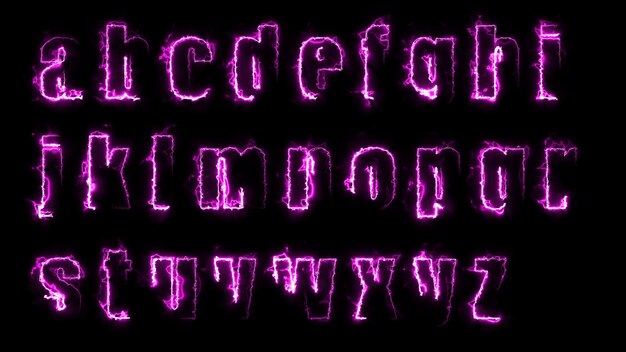 3D rendering glow effects of the contours of the lowercase letters of the English alphabet