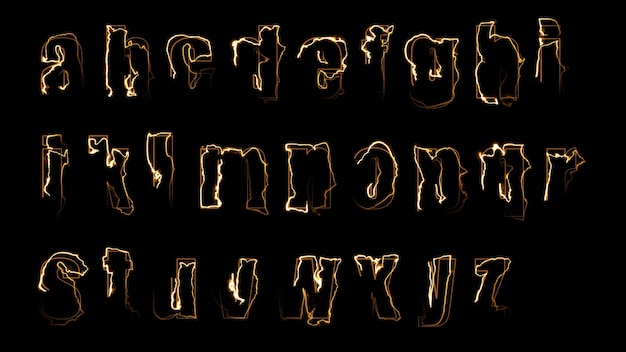 3D rendering glow effects of the contours of the lowercase letters of the English alphabet