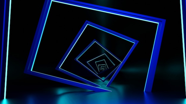 3d rendering, glow lines, tunnels, neon lights, virtual reality Abstract background stepless portal square curve spectrum blue lobe bright Laser show