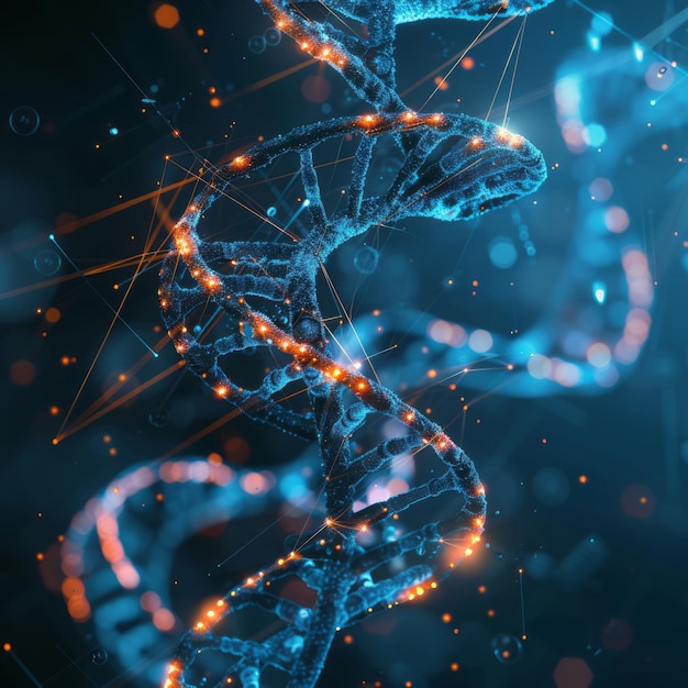 3D Rendering of a Glowing DNA Molecular genomes structure concept of biochemistry