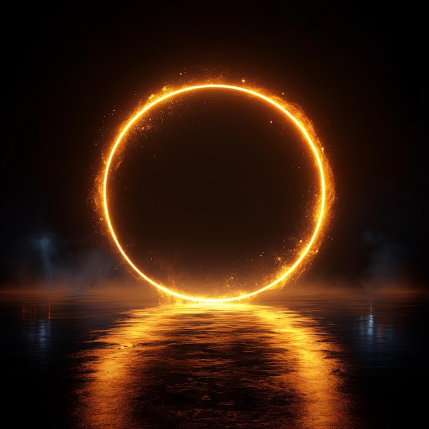 Photo 3d rendering of glowing golden ring on dark background with reflection and volumetric light rays