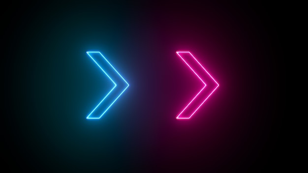 3D rendering of glowing neon arrows on a black background Flashing direction indicators