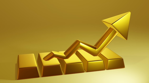 3D rendering of gold bar with up trend graph Business and finance concept