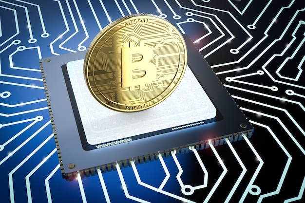 3d rendering gold bitcoin on cpu with circuit board