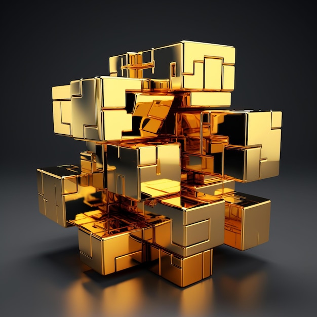 3d rendering of a gold cube on a black background