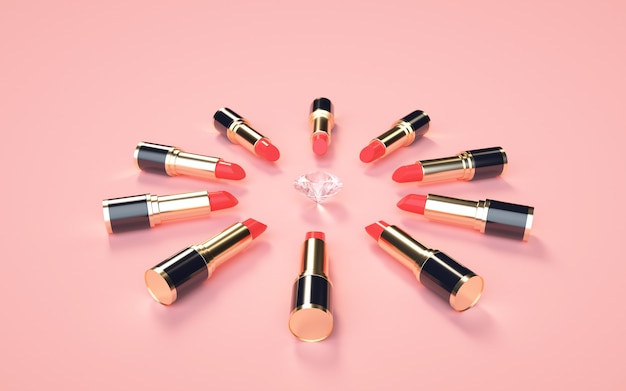 3D rendering of gold lipstick and diamonds on a pink for display mock up