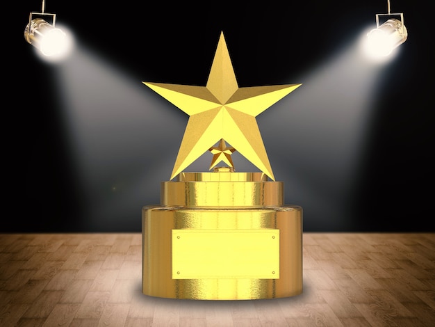 3d rendering gold star trophy on stage