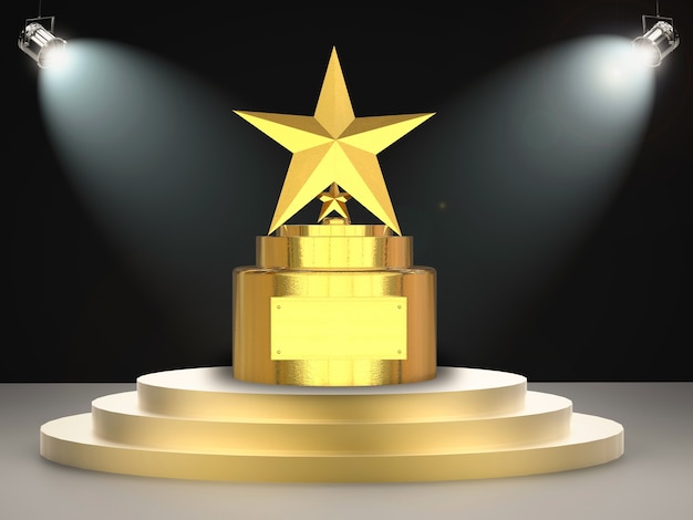 3d rendering gold star trophy on stage