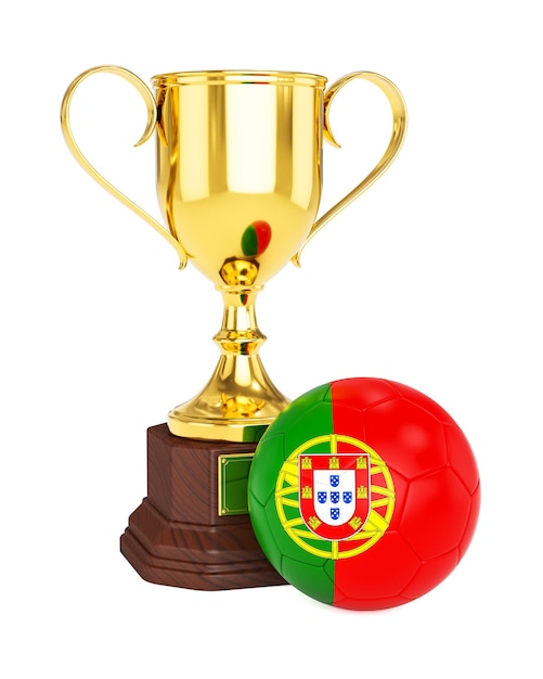 3d rendering of gold trophy cup and soccer football ball with Portugal flag isolated on white background