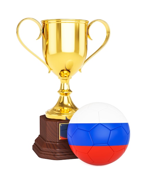 3d rendering of gold trophy cup and soccer football ball with Russia flag isolated on white background