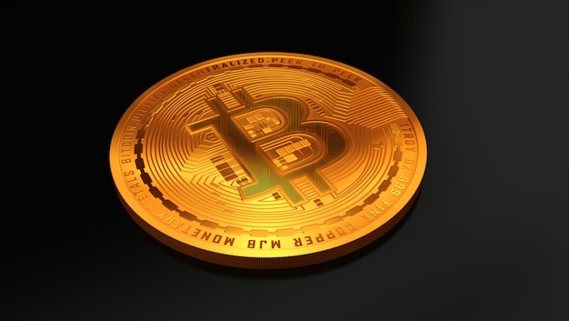 3D rendering of a golden bitcoin. virtual money.