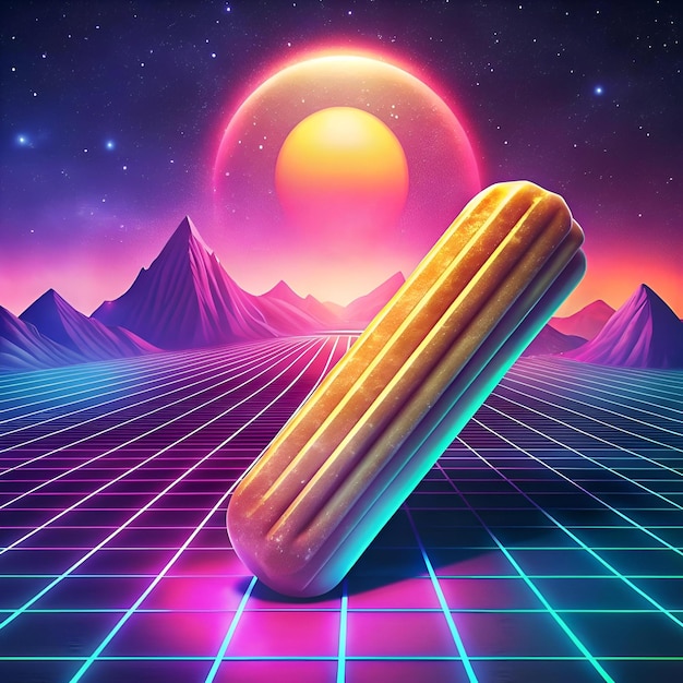 Photo a 3d rendering of a golden churro against a vibrant 80s synthwave background