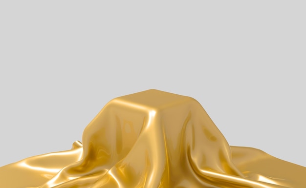 3d rendering Golden Cloth covered on cube box with gray background