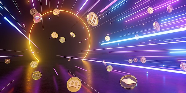 3d rendering of golden coin and light trails