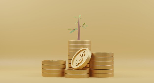 Photo 3d rendering golden coins stack with trees on yellow background concept of business investment and saving money