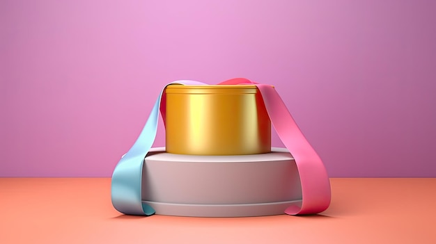 3d rendering of a golden cosmetic jar with a pink ribbon on a podium