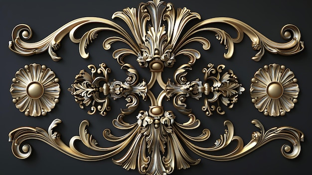 3D rendering of a golden decorative element with floral motifs