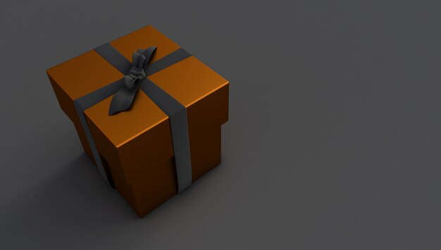 3d rendering of golden gift box with shiny black ribbons isolated on Black background, Holiday decoration element.