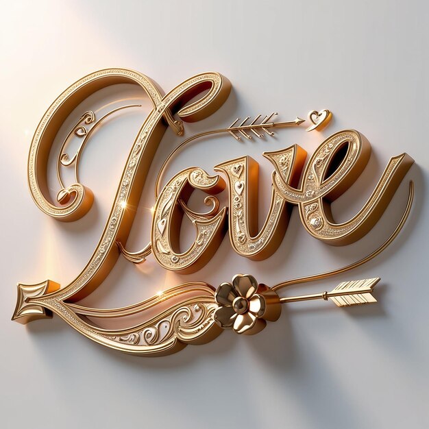 Photo 3d rendering on golden lettering design for valentines