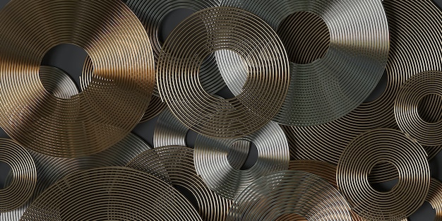 3d rendering golden and silver spirals on gray background