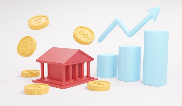 3D Rendering of government building icon coins and graph rise up on background concept of investment in government bond. 3D Render illustration.