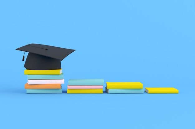 3d rendering of graduation cap on books in stair shape on blue background. Success concept.