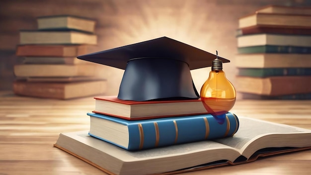 3d rendering of graduation cap magnifying glass bulb with books realistic 3d shapes education online