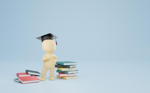 3d rendering, graduation cap and stack of books, concept