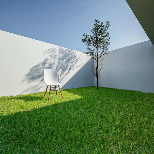 3d rendering grass garden with tree and wall