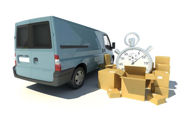 3D rendering of a gray blue van, a pile of boxes and a chronometer