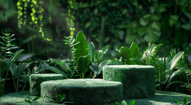 3D rendering green background podium with green plants in the foreground for product display