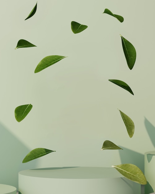 3d rendering of green background for product presentation. Podium with leaves.